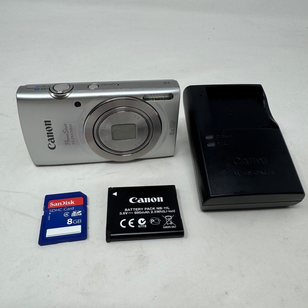 Canon PowerShot ELPH 180 Silver Digital Camera 8x Zoom 20MP Bundle SD Card